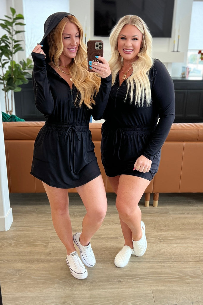 Getting Out Long Sleeve Hoodie Romper in Black - Molliee Boutique