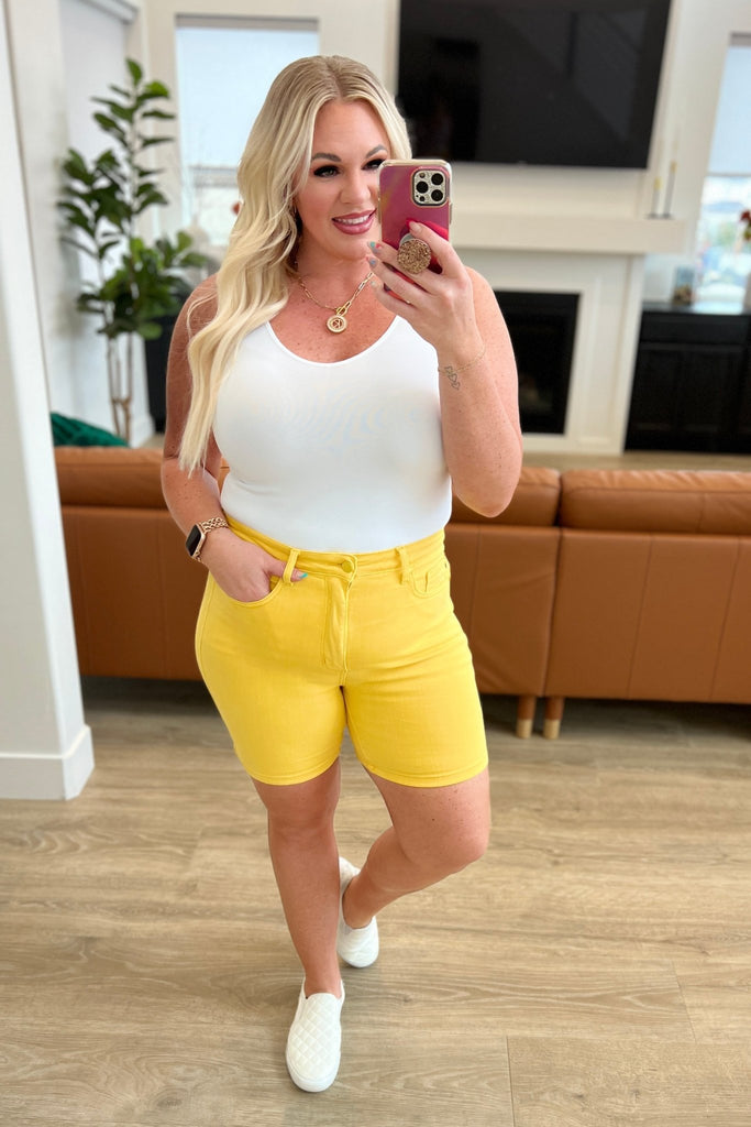Jenna High Rise Control Top Cuffed Shorts in Yellow - Molliee Boutique