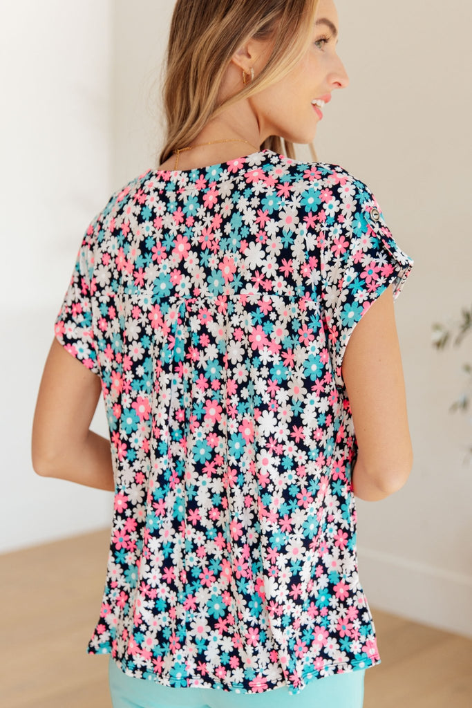 Lizzy Cap Sleeve Top in Navy and Hot Pink Floral - Molliee Boutique