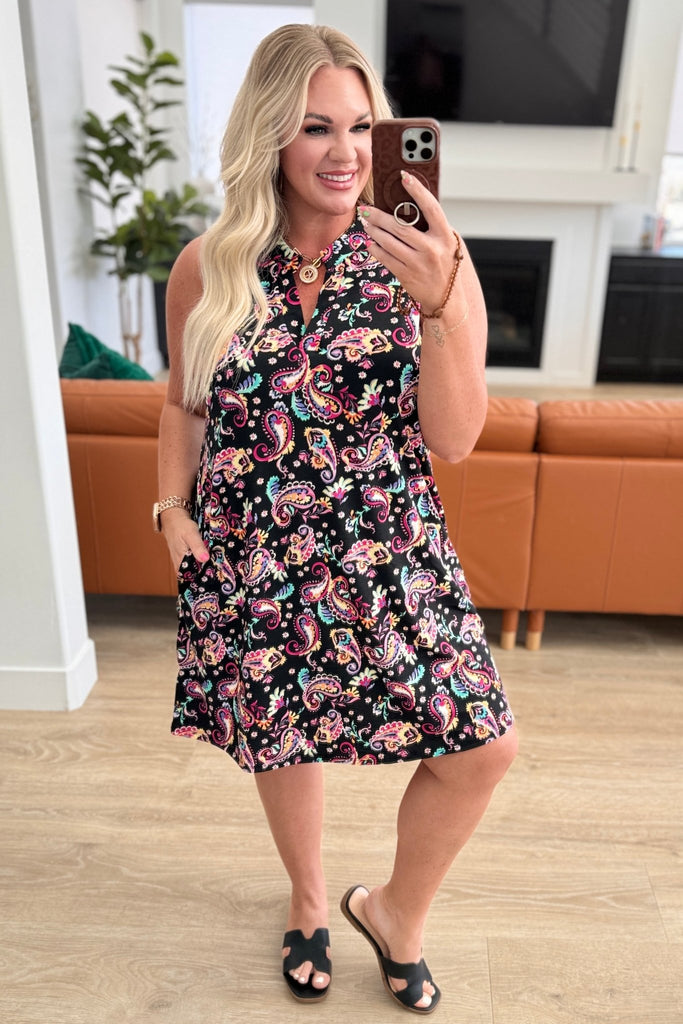 Lizzy Tank Dress in Black and Pink Paisley - Molliee Boutique