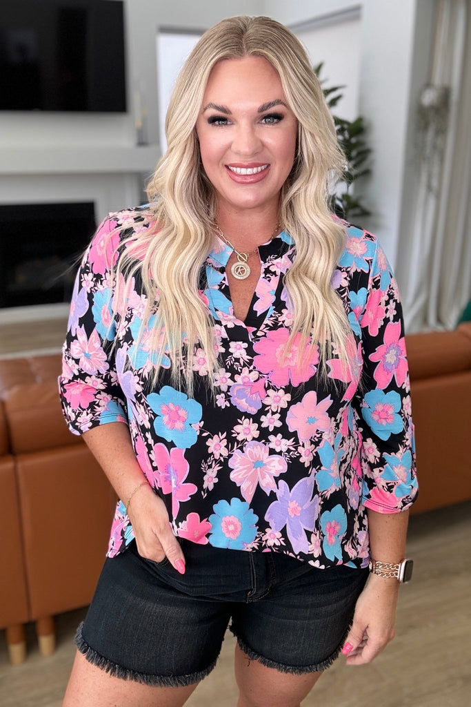 Lizzy Top in Black Bright Floral - Molliee Boutique