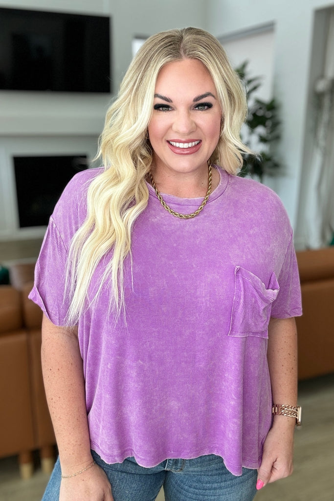 Mineral Wash Ribbed Round Neck Top in Bright Violet - Molliee Boutique