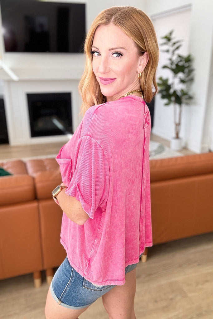 Mineral Wash Ribbed Round Neck Top in Hot Pink - Molliee Boutique