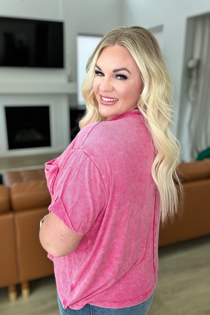 Mineral Wash Ribbed Round Neck Top in Hot Pink - Molliee Boutique