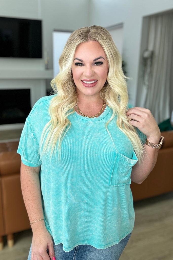 Mineral Wash Ribbed Round Neck Top in Turquoise - Molliee Boutique