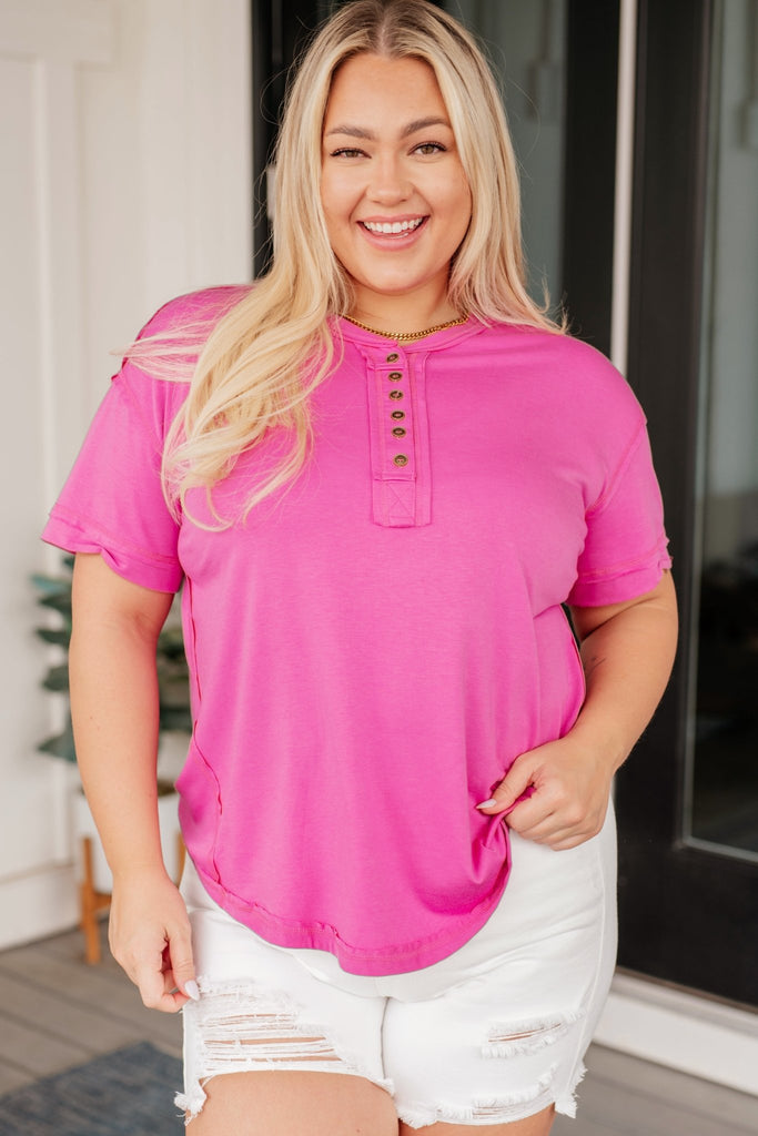 On A Whim Pink Raw Hem Henley Tee - Molliee Boutique