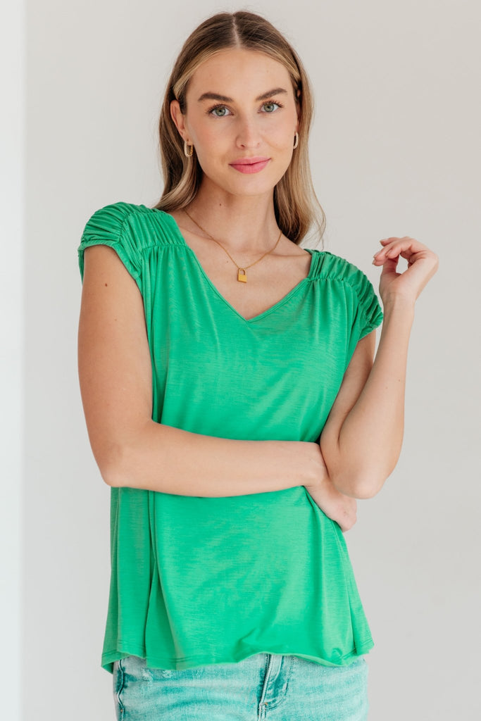 Ruched Cap Sleeve Top in Emerald - Molliee Boutique