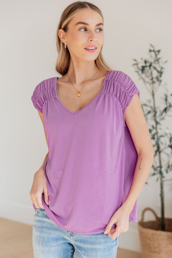 Ruched Cap Sleeve Top in Lavender - Molliee Boutique
