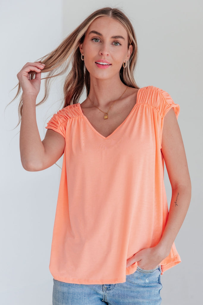 Ruched Cap Sleeve Top in Neon Orange - Molliee Boutique