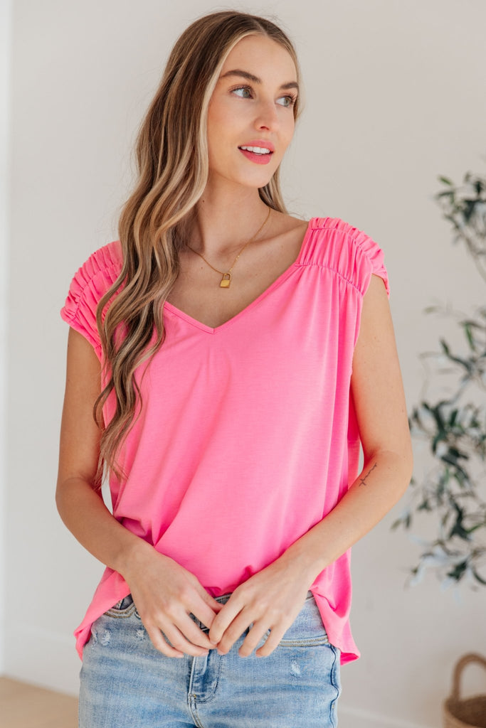 Ruched Cap Sleeve Top in Neon Pink - Molliee Boutique