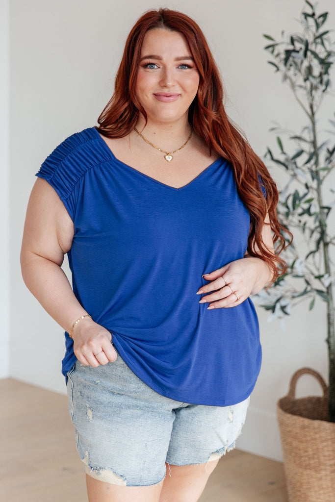 Ruched Cap Sleeve Top in Royal Blue - Molliee Boutique