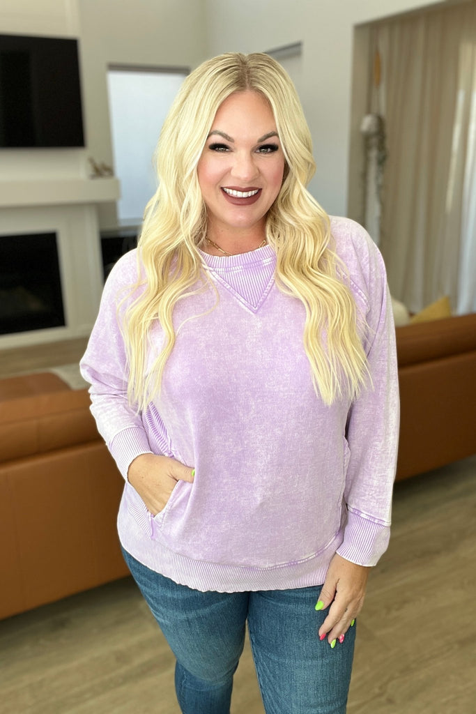 Acid Wash French Terry Pullover in Lavender - Molliee Boutique