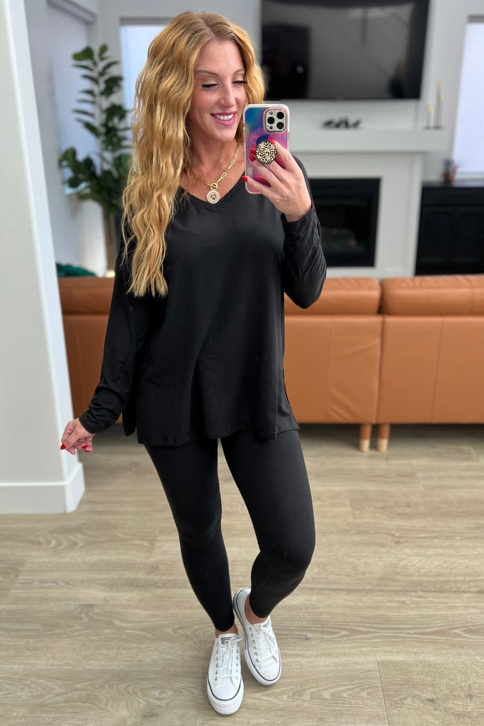 Buttery Soft V-Neck Long Sleeve Loungewear Set in Black - Molliee Boutique