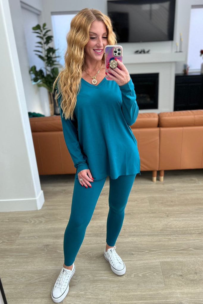 Buttery Soft V-Neck Long Sleeve Loungewear Set in Teal - Molliee Boutique