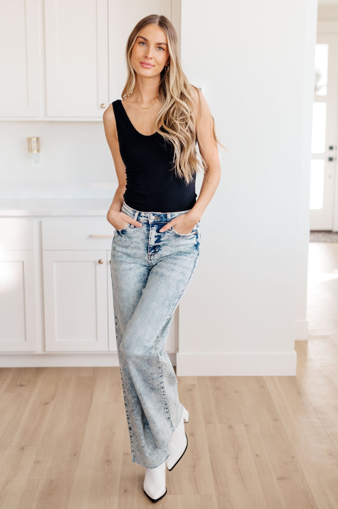 Dory High Waist Mineral Wash Raw Hem Wide Leg Jeans - Molliee Boutique