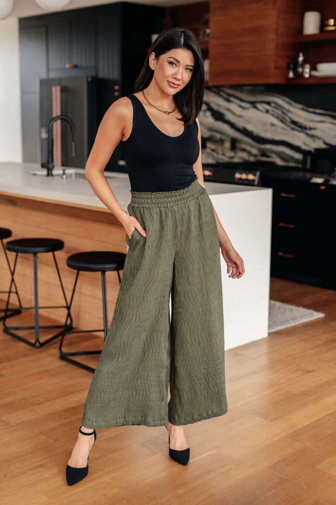 Harmony High Rise Wide Pants in Olive - Molliee Boutique