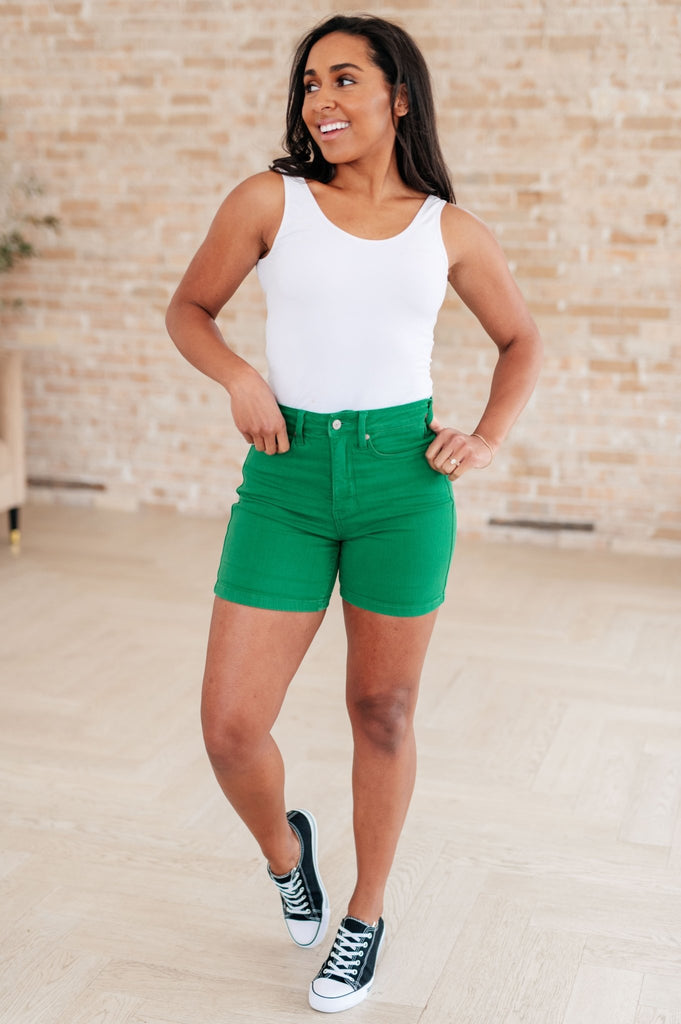 Jenna High Rise Control Top Cuffed Shorts in Green - Molliee Boutique