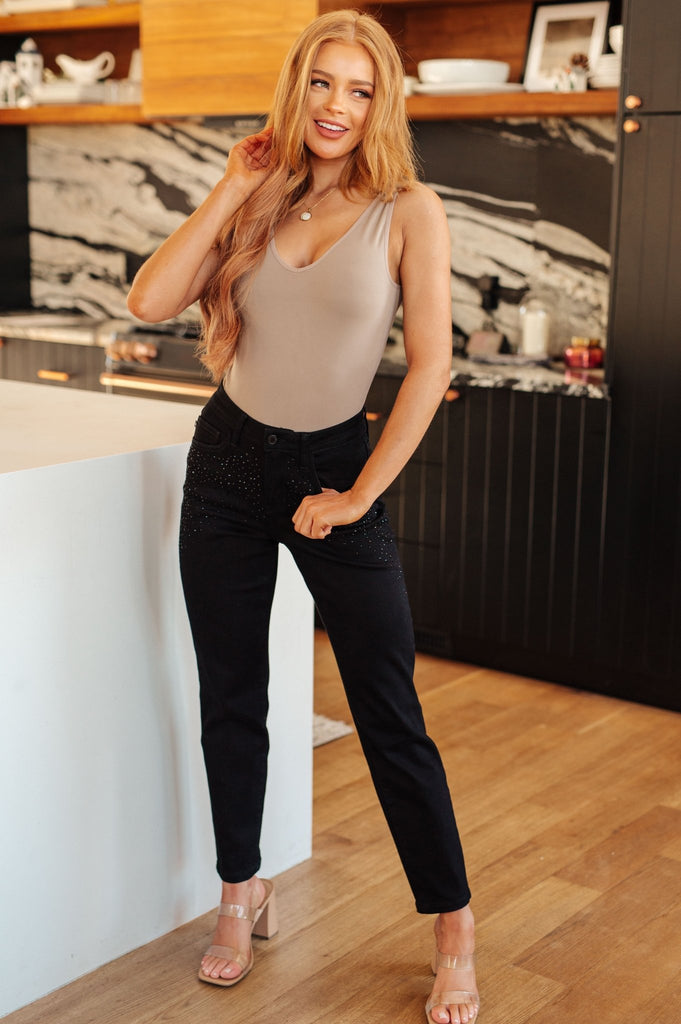 Reese Rhinestone Slim Fit Jeans in Black - Molliee Boutique