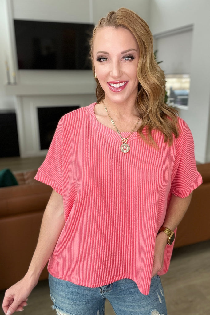 Textured Line Twisted Short Sleeve Top in Coral - Molliee Boutique