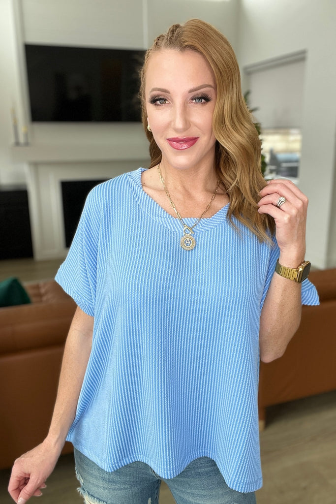 Textured Line Twisted Short Sleeve Top in Sky Blue - Molliee Boutique